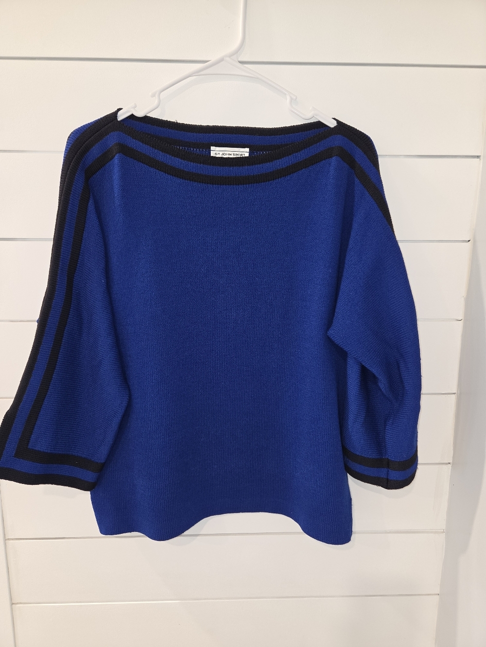 St. John Sport Knit Relaxed Boatneck Sweater in Royal Blue with Black Trim